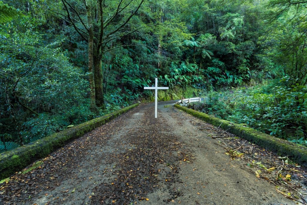 One white cross on a road bridge that goes through some of New Zealand wonderful native bush.